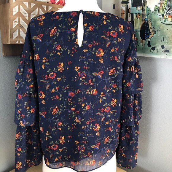 Madewell Floral Bell Sleeve Blouse - Navy and Red - Picture 6 of 12